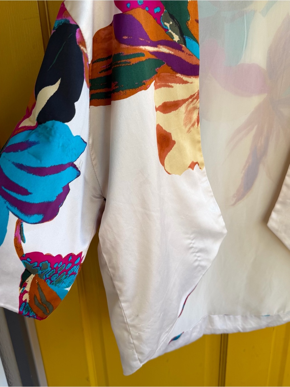 White Floral Satiny Kimono Jacket with Bright Multicolor Print - Picture 2 of 14
